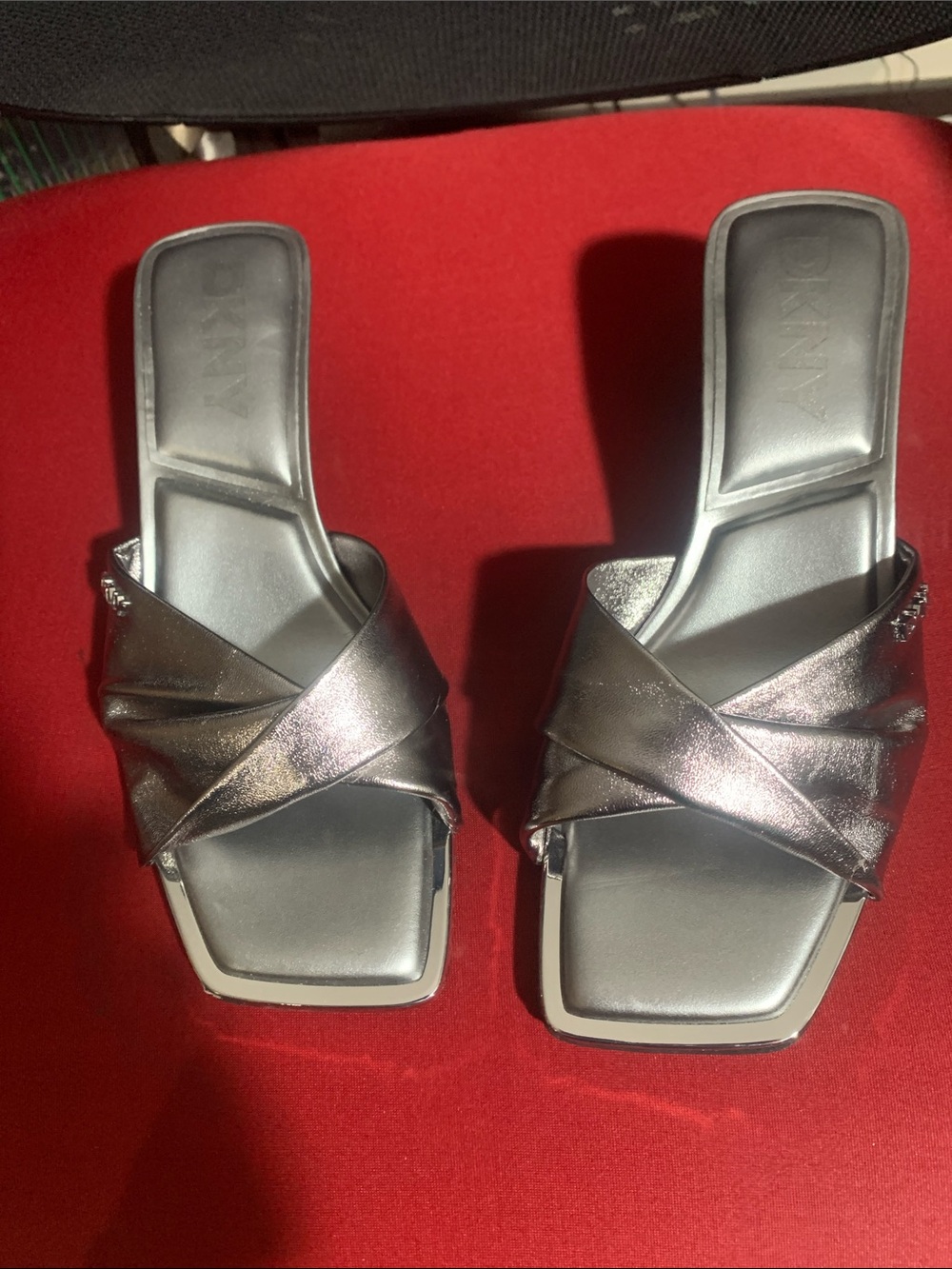 New DKNY Metallic Pewter Cross-Strap Slide Sandals - Women's